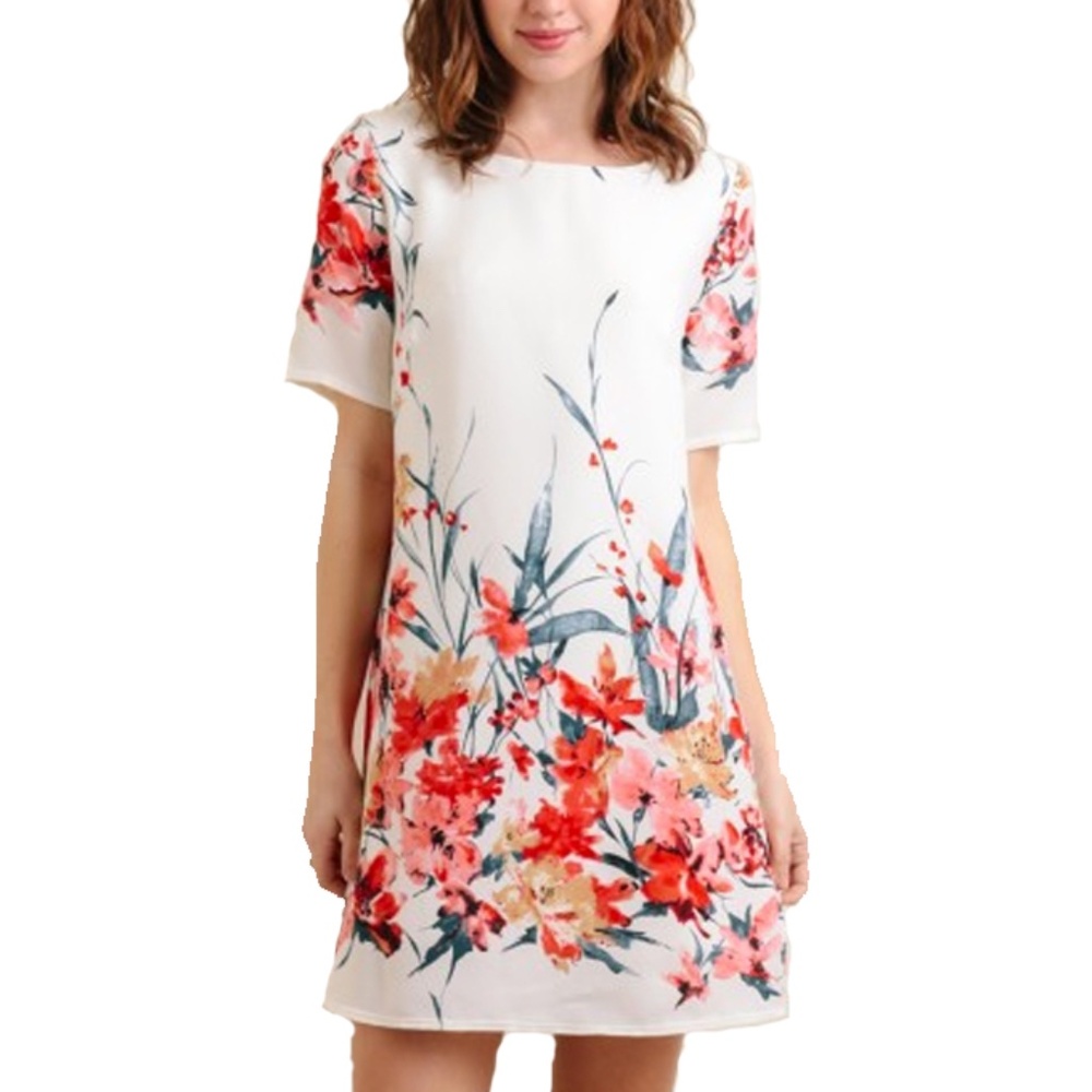 Peppermint White Mini Dress with Red & Coral Floral Print